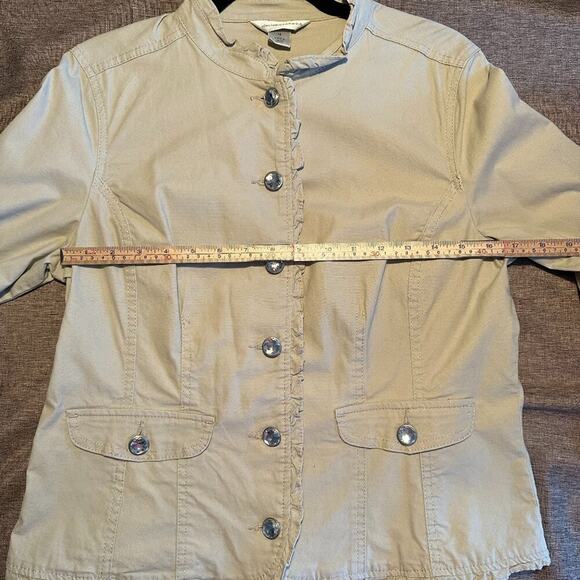 Fitted Ruffle Beige Khaki Jacket Clear Rhinestone Gem Button Up - Size M - Picture 7 of 15